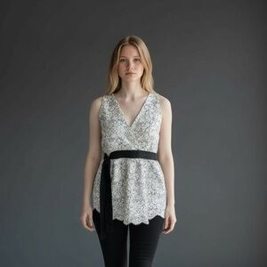 White House Black Market Lace V-Neck Top with Black Sash